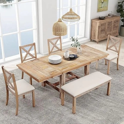 Juego de mesa de comedor de cocina de madera maciza con mesa extensible y banco y sillas tapizadas, juego de mesa de comedor de 6 piezas