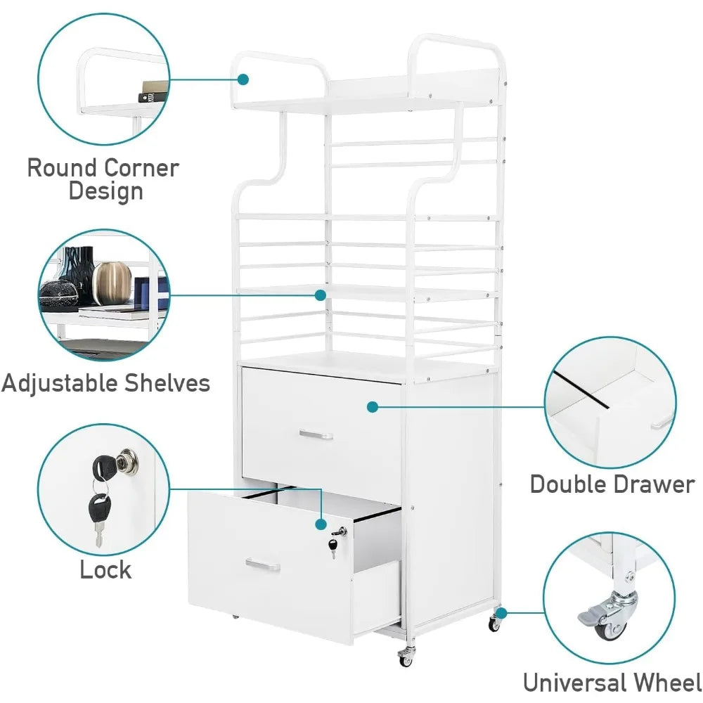 Archivador vertical, archivador móvil de 2 cajones con 3 estantes, soporte para impresora con estantes de almacenamiento abiertos, apto para A4/carta