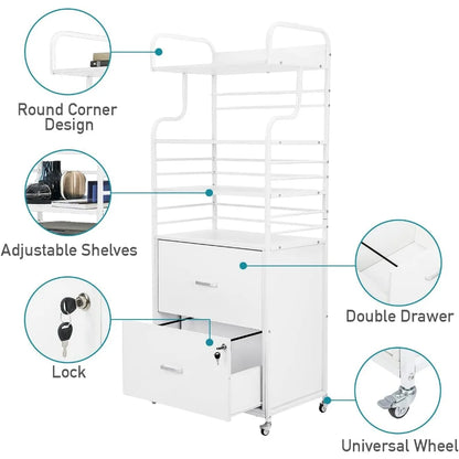 Archivador vertical, archivador móvil de 2 cajones con 3 estantes, soporte para impresora con estantes de almacenamiento abiertos, apto para A4/carta