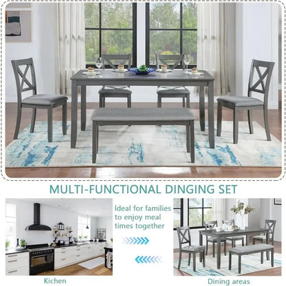 Juego de mesa de comedor para 6 personas, juego de mesa de cocina estilo granja con 4 sillas tapizadas y 1 banco, juego de mesa de comedor de madera maciza para cocina