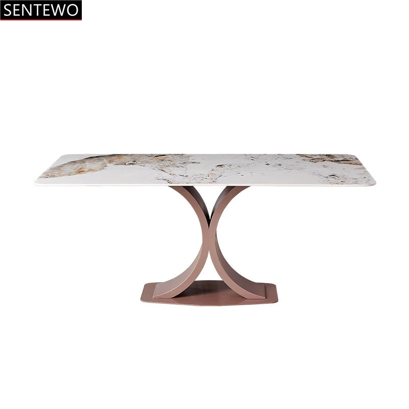 Mesa de comedor de lujo SENTEWO con losa de roca y silla de acero inoxidable con base de oro rosa y mármol sintético, muebles para cocina