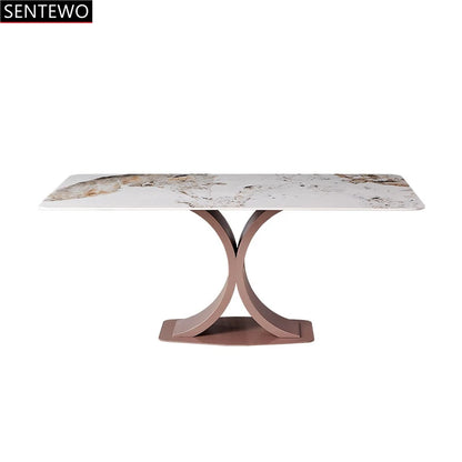 Mesa de comedor de lujo SENTEWO con losa de roca y silla de acero inoxidable con base de oro rosa y mármol sintético, muebles para cocina