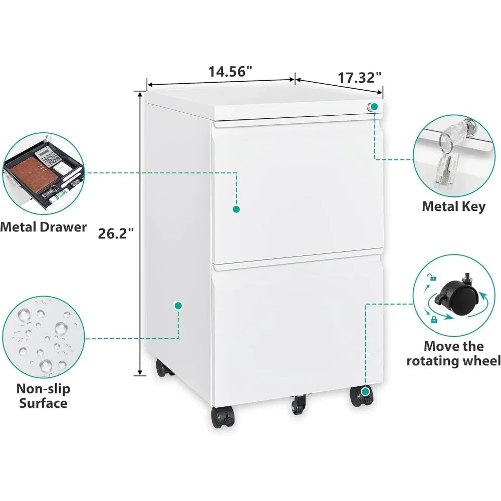 Classeur à 2 tiroirs avec serrure, classeur à roulettes, classeur blanc sur roulettes, classeur métallique verrouillable sous le bureau
