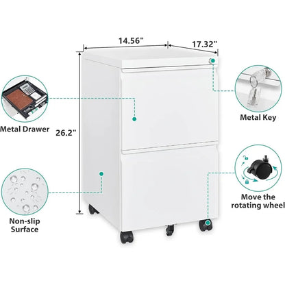 Classeur à 2 tiroirs avec serrure, classeur à roulettes, classeur blanc sur roulettes, classeur métallique verrouillable sous le bureau