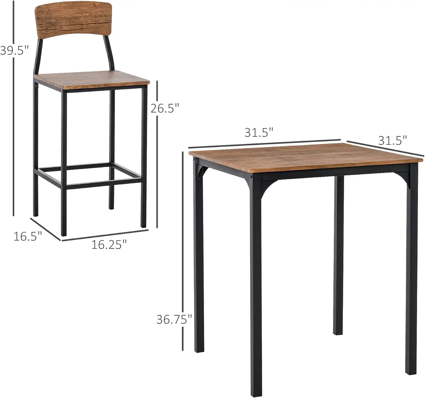 3 Piece Industrial Counter Height Dining Table Set, Bar Table & Chairs with Steel Legs & Footrests