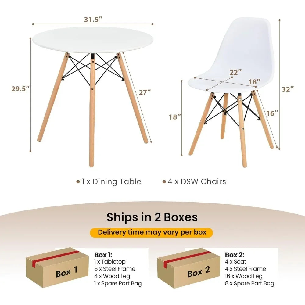 Juego de mesa de comedor redonda para 4 personas, juego de mesa de cocina con asiento y patas de madera maciza, mesa de cocina redonda y sillas para espacios pequeños, color blanco