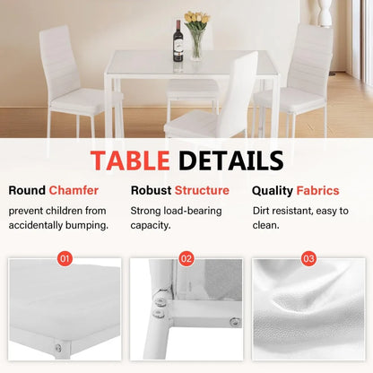 Juego de Mesa de Comedor Cristal para Espacios Pequeños Mesa de Cocina y Sillas para 4 Muebles para el Hogar Rectangular Moderna, Cristal Blanco