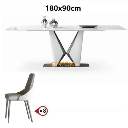 Juego de mesa de comedor de lujo con losa de mármol y 8 sillas, mesa de comedor de mármol, mesa de comedor de acero inoxidable con base dorada