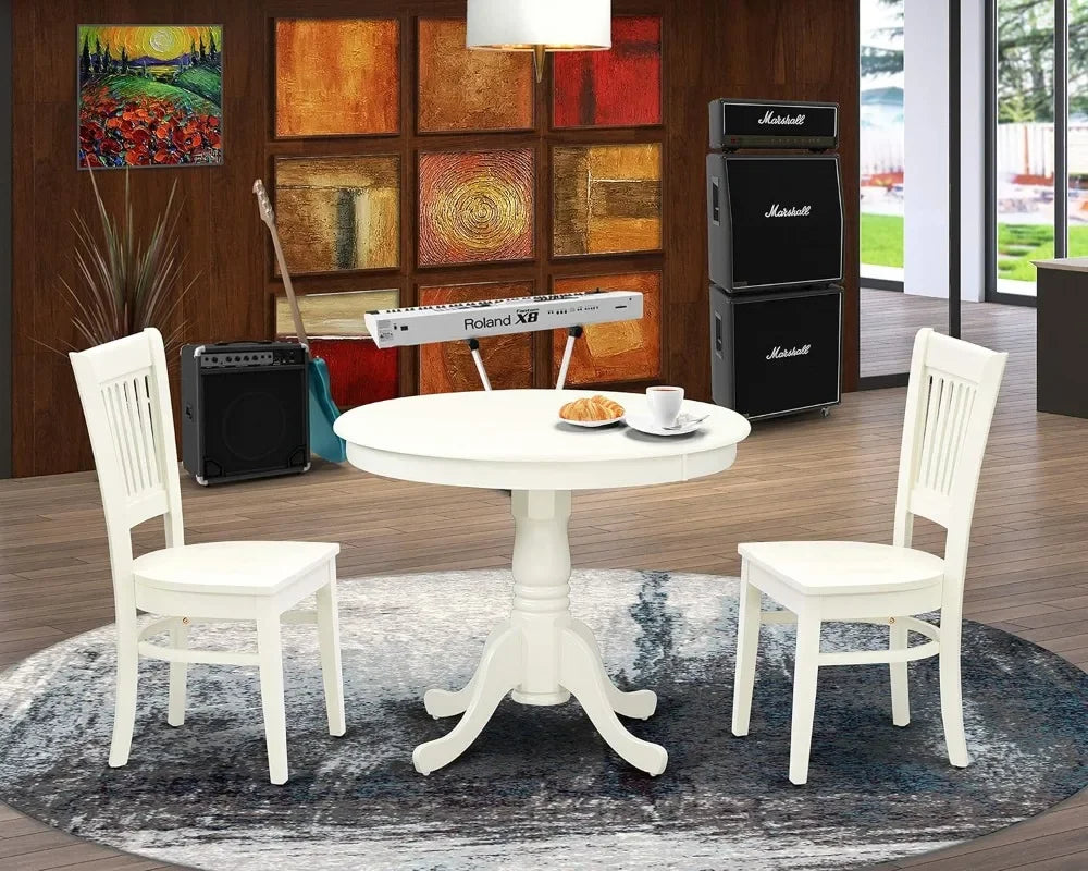 3 Piece Dining Room Furniture Set Contains a Round Dining Table with Pedestal and 2 Wood Seat Chairs, 36x36 Inch, Linen White