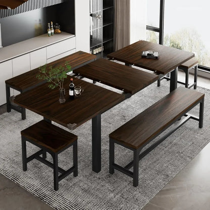 Ensemble de table à manger pour 4 à 8 personnes, ensemble de table de cuisine extensible avec 2 bancs et 2 tabourets carrés