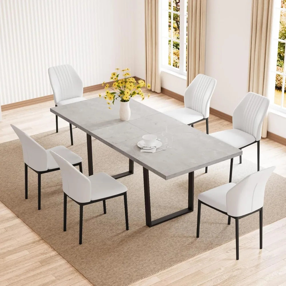 Modern Mid-Century Dining Table Set for 6-8 People Dining Room Table Set Extendable Wood Dining Table and 6 Upholstered Chairs