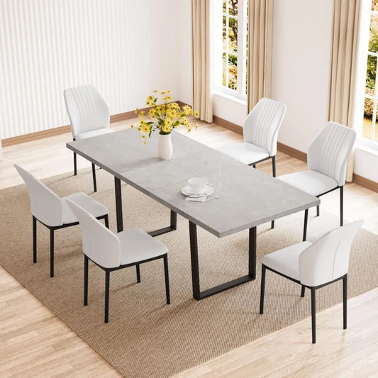 Juego de mesa de comedor moderno de mediados de siglo para 6-8 personas Juego de mesa de comedor Mesa de comedor extensible de madera y 6 sillas tapizadas