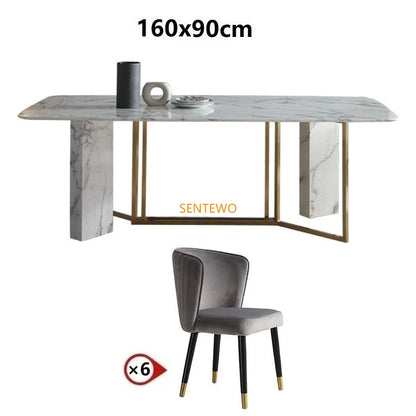 SENTEWO Ensemble de table à manger de cuisine et 6 chaises de luxe en marbre italien avec base en acier inoxydable doré