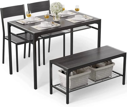 Juego de mesa de cocina moderna y 2 sillas para 4 personas con banco, juego de mesa de comedor rectangular de 4 piezas con almacenamiento para espacios pequeños, apartamentos