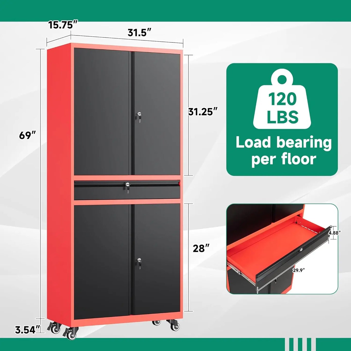 Gabinete de almacenamiento de metal para garaje con ruedas, gabinete de herramientas con ruedas con estantes ajustables y cajón para garaje, cuarto de servicio del hogar