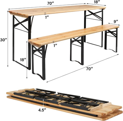 Folding Picnic Tables with Benches Set, Weather-Resistant Wooden Beer Garden Table Bench