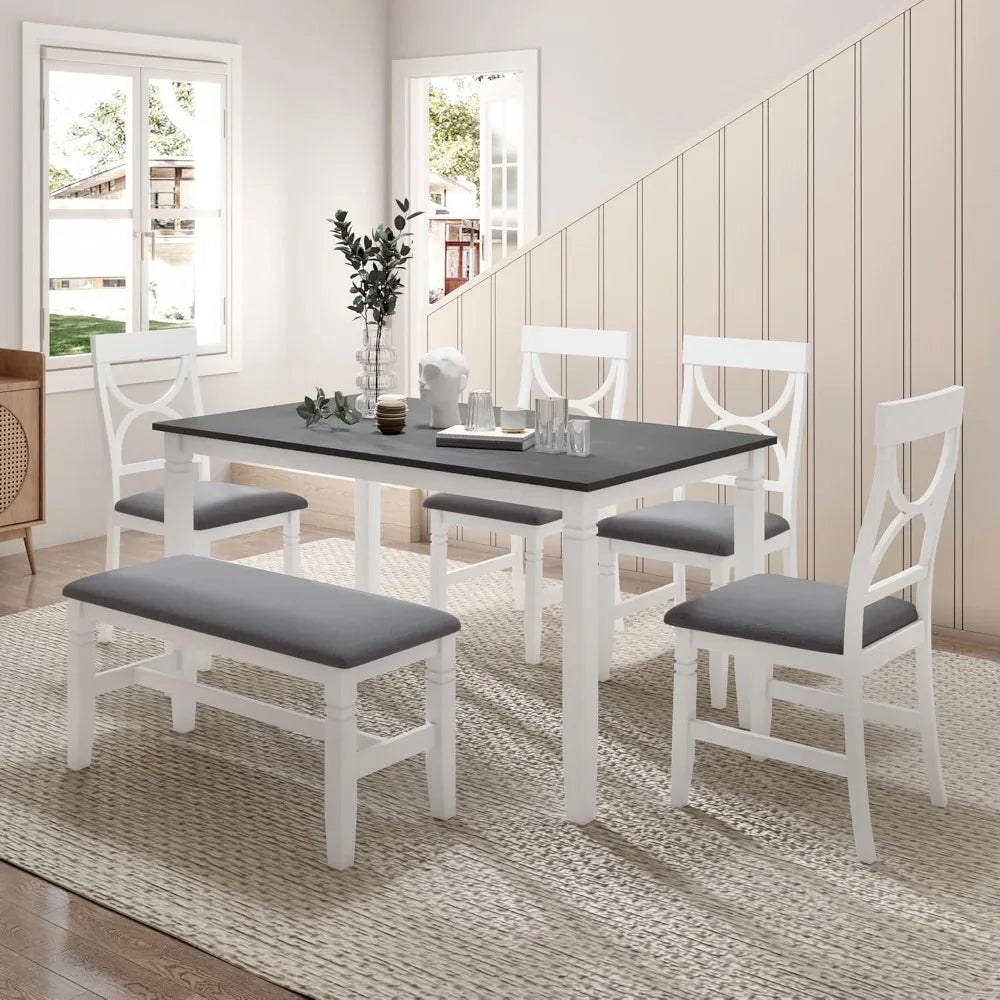 Juego de mesa de comedor de madera de 6 piezas para 6 personas con banco y sillas Juego de comedor de cocina rústica Farmhosue con mesa rectangular