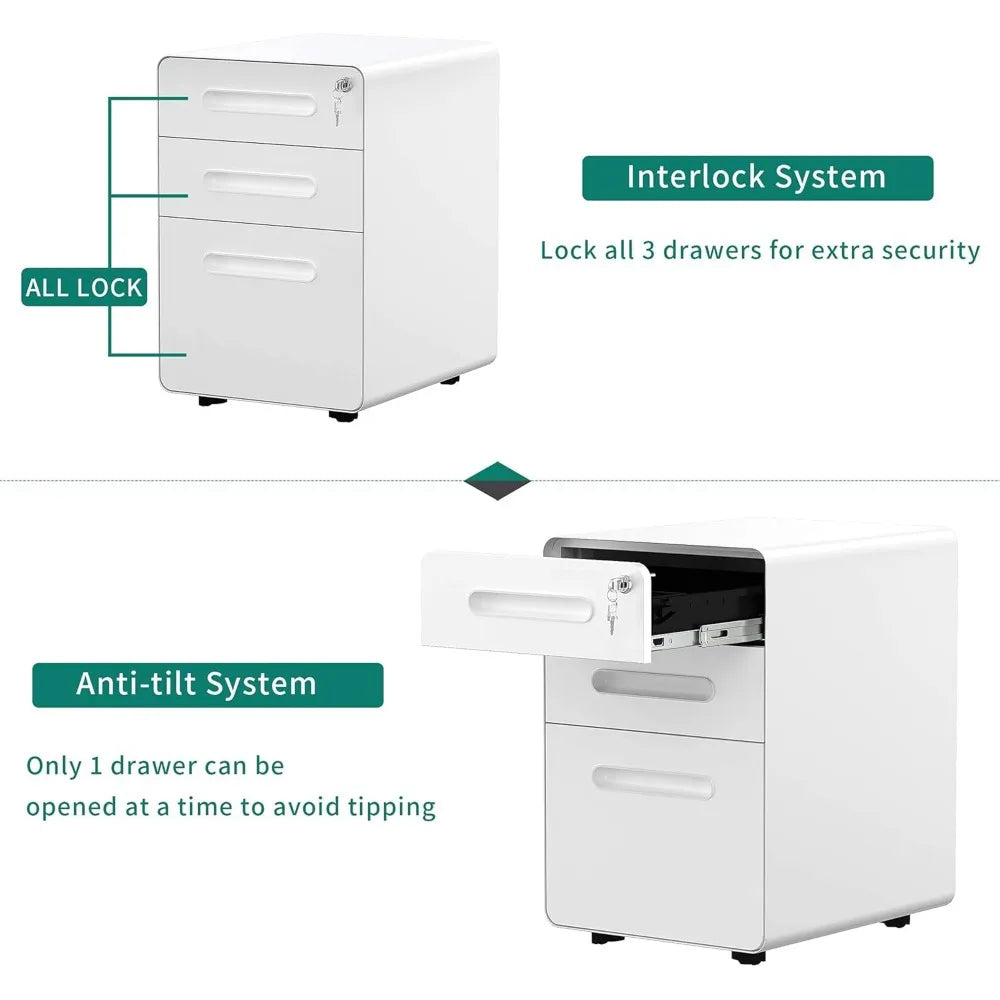 3-Drawer Rolling File Cabinet, Metal Mobile File Cabinet with Lock, Filing Cabinet Under Desk Fits Legal/A4 Size Fully Assembled