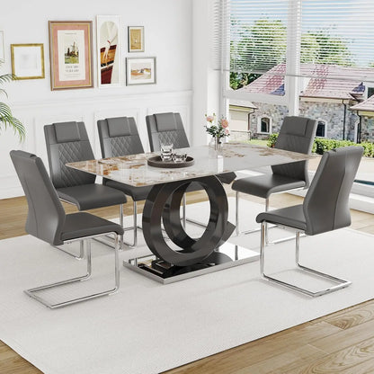 Juego de mesa de comedor para 6 personas, tablero de vidrio y base de MDF, mesa de comedor rectangular con 6 sillas de comedor tapizadas de cuero PU