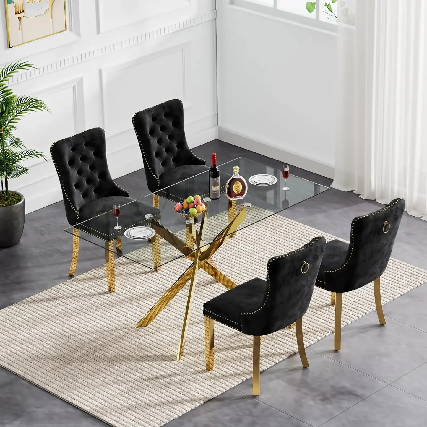 Juego de mesa de comedor de vidrio rectangular moderno de 5 piezas para 4 personas, mesa de comedor de 51" de largo con 4 sillas negras con mechones dorados de lujo