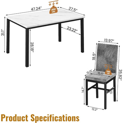 Juego de mesa de comedor, juego de mesa y sillas de cocina, juego de mesas de comedor con 4 sillas tapizadas de terciopelo, juego de mesas de comedor