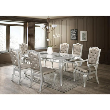 Juego de mesa de comedor para 6 personas, mesa de comedor rectangular con borde de espejo plateado y silla con botones en color champán, juego de muebles de lujo