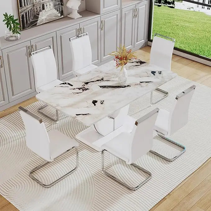 Juego de mesa de comedor moderna para 6 personas, juego de mesa de comedor de imitación de mármol blanco para 6 personas, juego de 6 sillas de cocina rectangulares de 63"