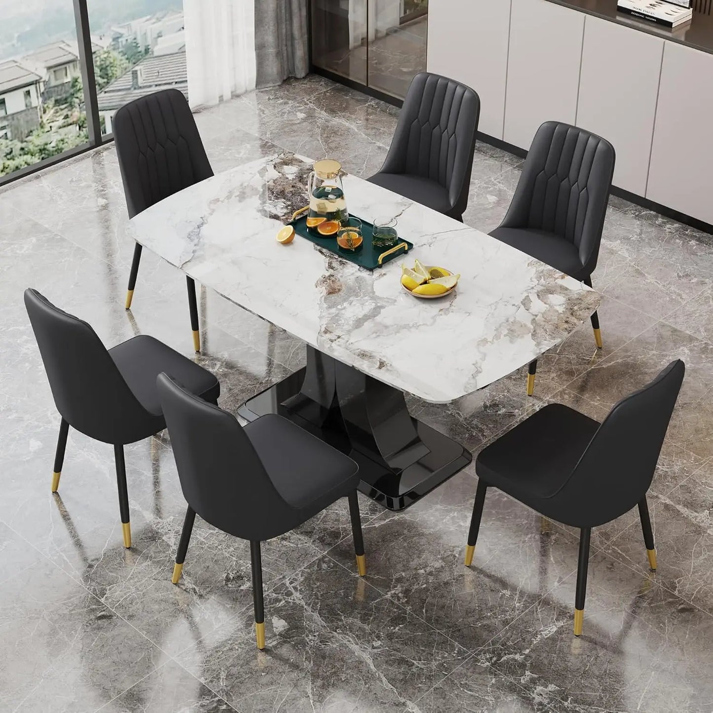 Juego de mesa de comedor moderno para 6 personas, juego de mesa y sillas de mármol para 6 personas, mesa rectangular con 6 sillas acolchadas de cuero sintético