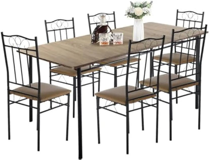 Mesa y sillas para 4-6 personas, juego de mesa de cocina de 7 piezas, juego de mesa de comedor rectangular con 6 sillas de cuero PU, haya/B