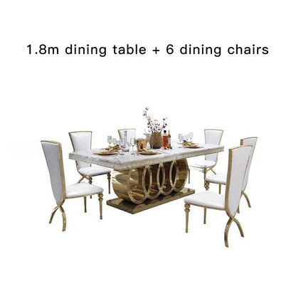 Modern Marble Top-Grade Dining Table And Chairs Combination Stainless Steel Crown Apartment Golden Carved Table Mesa Furniture