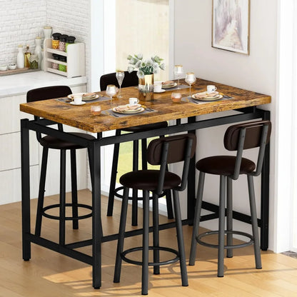 Juego de mesa de comedor para 4 personas, mesa de bar y sillas para 4 personas, mesa de comedor de altura de mostrador, 4 taburetes con respaldo tapizado de cuero de PU