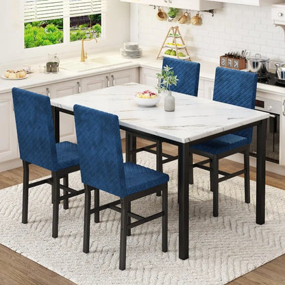 Ensemble de table à manger pour 4 personnes, ensemble de table et de chaises de cuisine pour 4 personnes, ensemble de table à manger en faux marbre avec 4 chaises en velours rembourrées