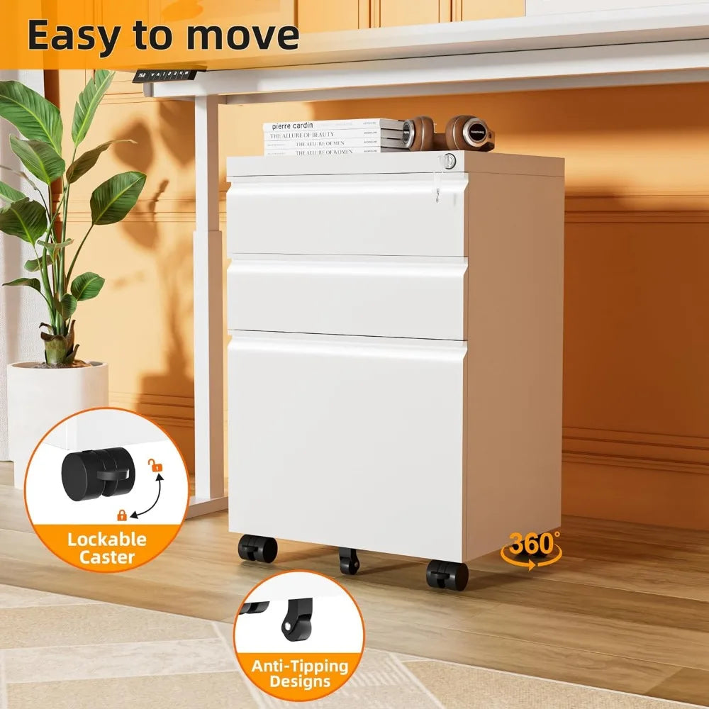 3 Drawer Filing Cabinet with Lock, Assembled White Mobile File Cabinet with Wheels, Rolling Small Metal Cabinets