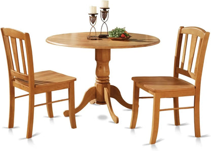 El juego de 3 piezas DLIN3-OAK-W de East West Furniture contiene una mesa de comedor redonda con hojas abatibles y 2 sillas con asiento de madera, 42 x 42 pulgadas