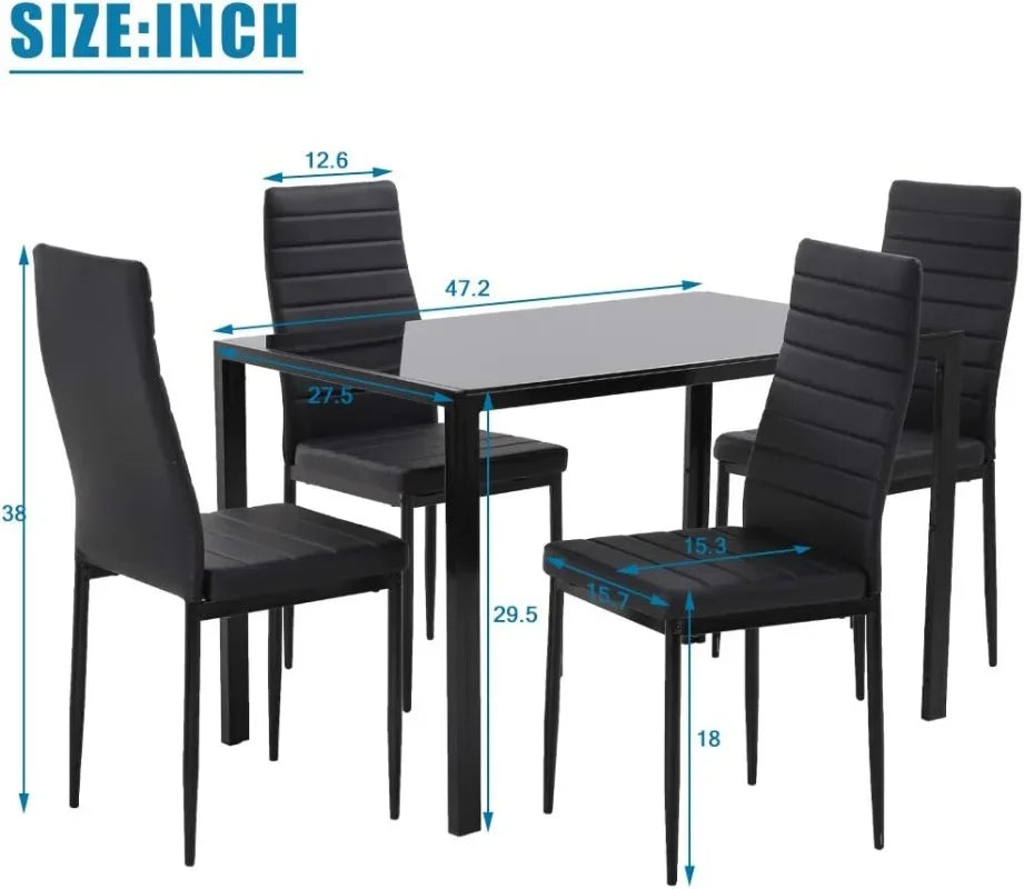 Juego de mesa de comedor FDW, juego de mesa de comedor de vidrio para espacios pequeños, mesa de cocina y sillas para 4, rectangular, moderna, vidrio negro