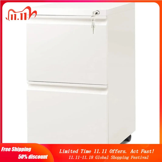 2 Drawer Mobile File Cabinet with Lock, Commercial Vertical Cabinet, White