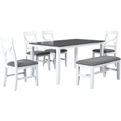 Juego de mesa de comedor de madera de 6 piezas para 6 personas con banco y sillas Juego de comedor de cocina rústica Farmhosue con mesa rectangular