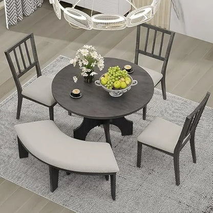 Banco curvo redondo y lateral para 4-5 personas, 5 piezas, patas de forma especial de 44", juego de 5 sillas y mesa de cocina para comedor (gris)