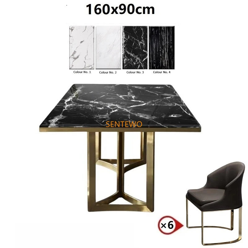 SENTEWO Ensemble de table à manger de cuisine en marbre de luxe italien avec 4 chaises et cadre doré en métal émaillé titane pour table à manger Mesa Jantar