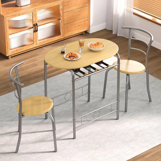 3 Piece Small Round Dining Table Set for Kitchen Breakfast Nook, Wood Grain Tabletop with Wine Storage Rack, Save Space, 31.5"