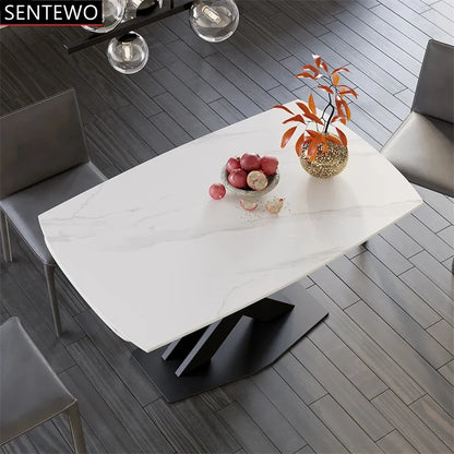 SENTEWO Table à manger extensible moderne en dalle de roche blanche avec 4 6 8 chaises, base en acier au carbone, table pliante noire, livraison gratuite