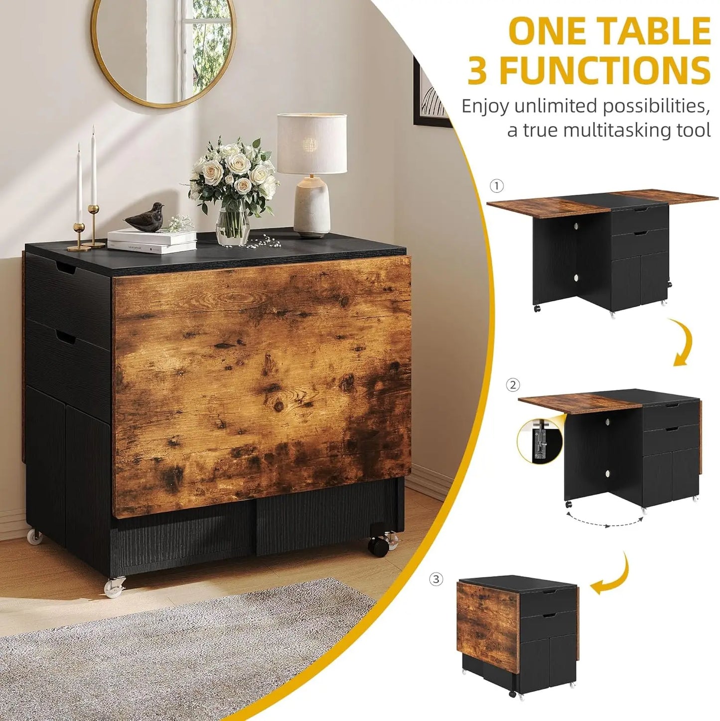 Dwvo - Juego de mesa de comedor plegable extensible de 7 piezas con 6 sillas para 6 personas, mesa de comedor de cocina de madera con hojas abatibles de 66,9"