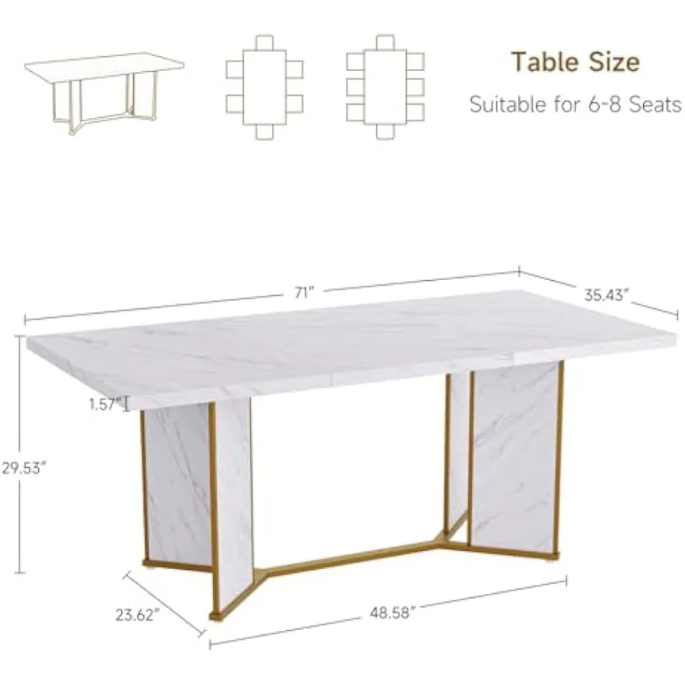 Table de cuisine en bois de marbre blanc, table de salle à manger, table à dîner moderne avec cadre en métal doré pour la cuisine