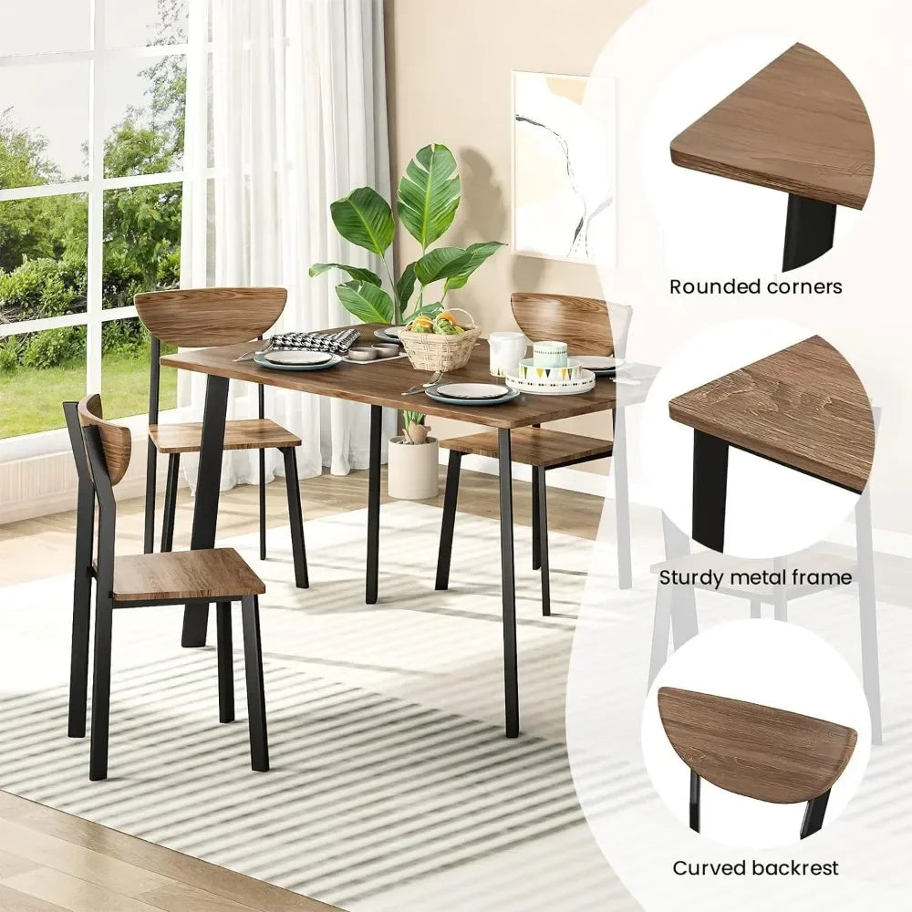 Modern Rectangular Dining Room Table and Chairs Set for 4, Brown Wooden Metal Table Set for Family Dinner, Party, and Work