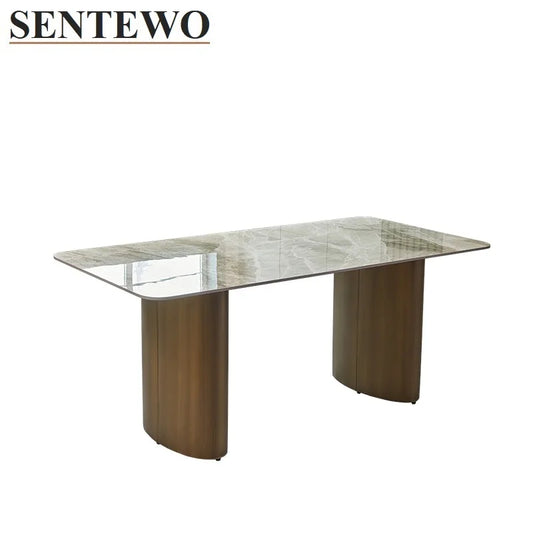 SENTEWO - Juego de mesa y sillas de cocina de lujo con losa de roca y base de bronce de acero inoxidable, mesa de mármol sintético, muebles, mesa móvil