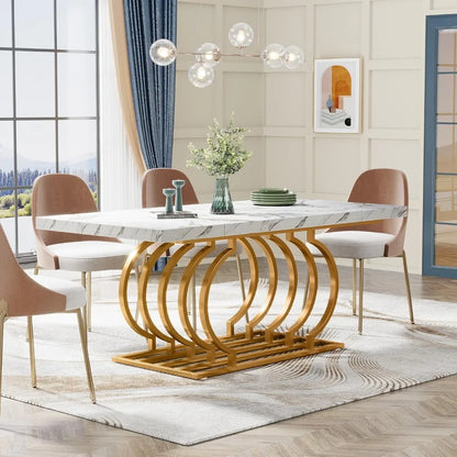 Modern Dining Table, 63 inch Faux Marble Wood Kitchen Table for 6 People, Rectangular Dinner Room Table with Geometric Frame