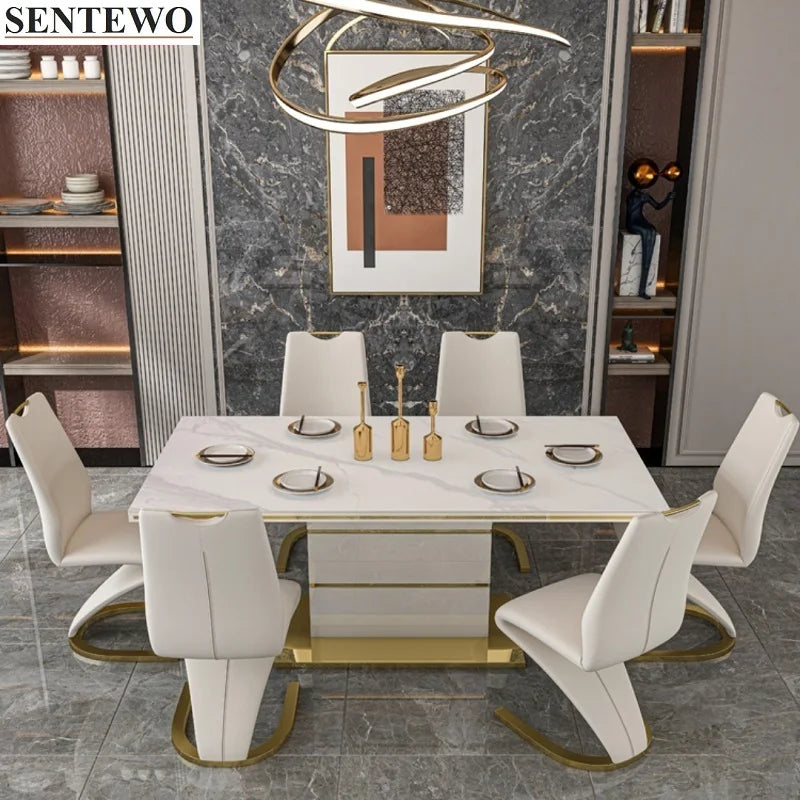 SENTEWO Table à manger de luxe moderne avec 8 chaises de salle à manger, base en acier inoxydable doré, plateau en verre trempé, chaise de dîner sirène