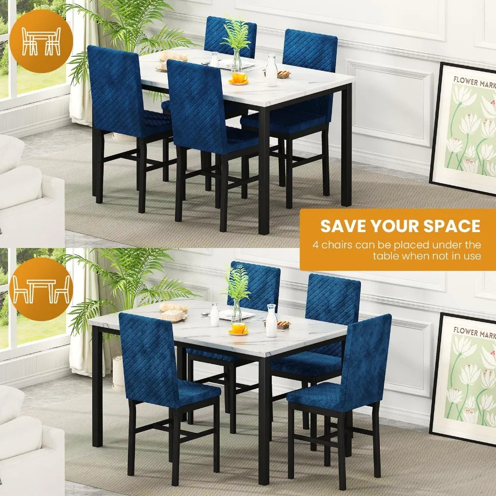 2024 New Dining Table Set for 4, Kitchen Table and Chairs Set, Dinner Table with 4 Velvet Upholstered Dining Chairs