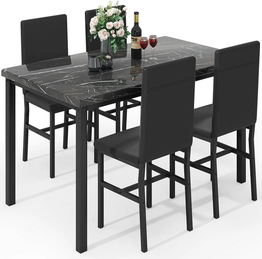 Juego de mesa de comedor para 4, juego de mesa y sillas de cocina modernas de 4, juego de mesa de comedor de mármol sintético con 4 sillas de cuero de PU, 5