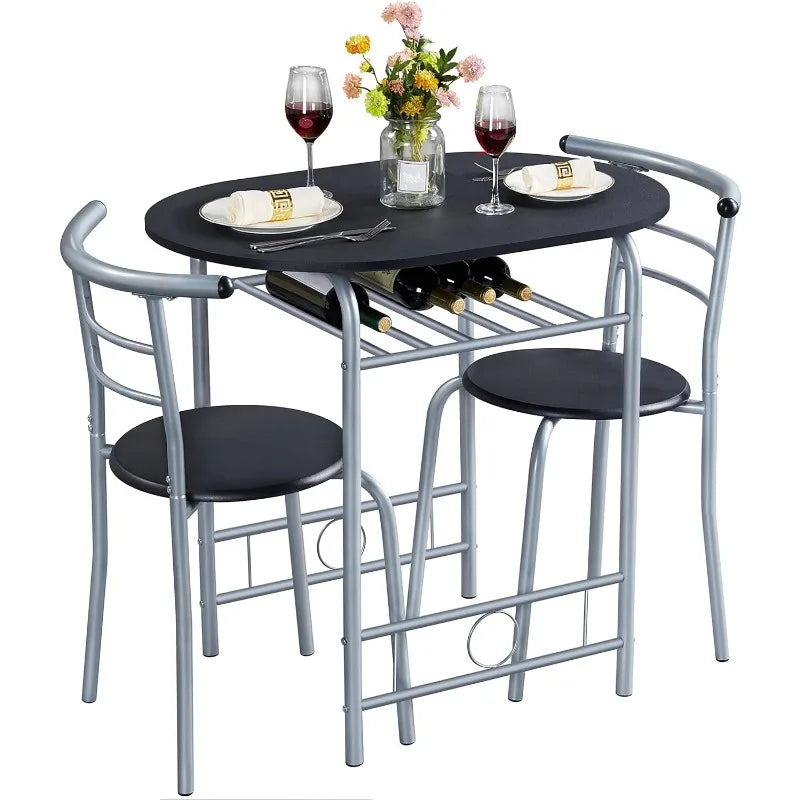 3-Piece Dining Table Set, Small Kitchen Breakfast Bistro Table Set for 2,  with Metal Frame and Storage Rack for Small Space